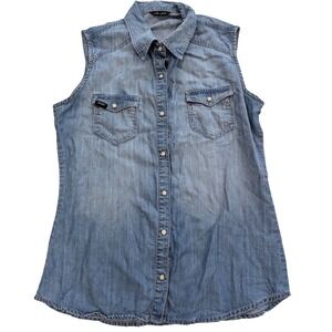 Mavi Gold Sleeveless Chambray Denim Top MEDIUM 100% Tencel Snap Front Western
